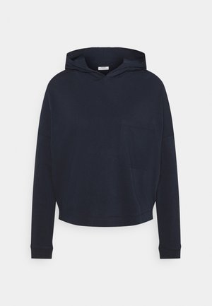 Sudadera corta de color azul marino hecha de un tejido suave, con un bolsillo delantero, capucha con cordones y puños acanalados para mayor comodidad.