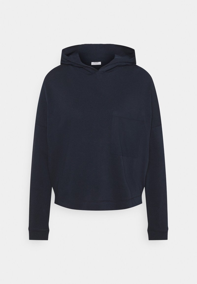 Granatowy skrócony hoodie wykonany z miękkiego materiału, z przednią kieszenią, kapturem ze sznurkiem i ściągaczami dla wygody.