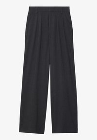 Gray wide-leg trousers with a high waist, pleats in the front, and side pockets. Made from a smooth, woven fabric.