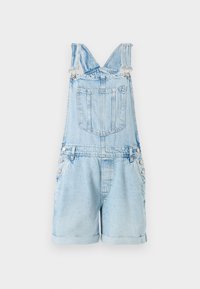 Salopette di jeans azzurri chiari con un taglio corto, dotata di spalline regolabili, tasca frontale e bottoni a pressione sui lati.