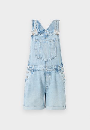 Lys blå denim overaller med en kort klipp, som har justerbare stropper, en frontlomme, og trykknapper på sidene.