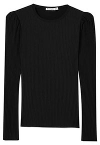 Svart ribbad långärmad topp med lätt puffade axlar och rund halsringning, uppvisad liggande.