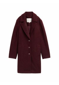 Burgunderfarbener Wollmantel mit strukturiertem Finish, Reverskragen, doppelt geknöpftem Verschluss und zwei vorderen Taschen. Klassisches langes Design.