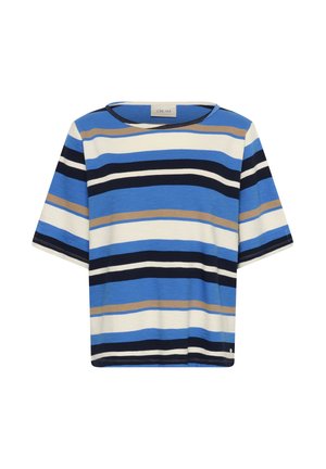 Tricou cu dungi în culorile albastru, navy, bej și alb. Croială lejeră, cu mâneci scurte și decolteu rotund. Confecționat din materiale moi de bumbac.