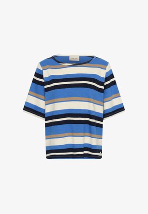 T-shirt rayé aux couleurs bleu, marine, beige et blanc. Coupe ample avec manches courtes et col rond. Fabriqué en coton doux.