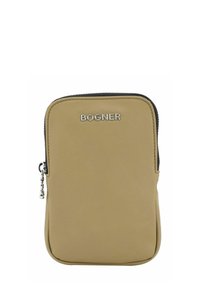 Pochette beige compacte avec logo BOGNER argenté, fermeture éclair noire sur le dessus et texture de tissu lisse.