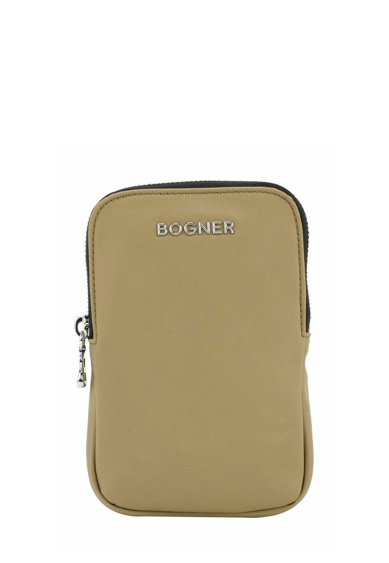 Pochette beige compacte avec logo BOGNER argenté, fermeture éclair noire sur le dessus et texture de tissu lisse.