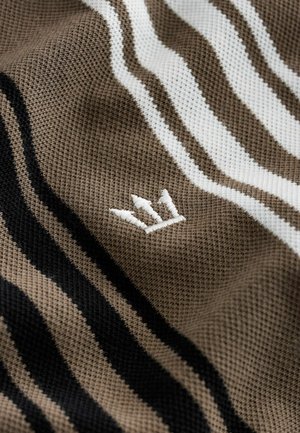 Textured fabric with horizontal stripes in brown, black, and white. Features a small white embroidered crown logo.