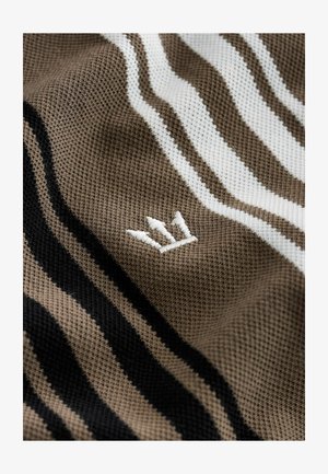 Textured fabric with horizontal stripes in brown, black, and white. Features a small white embroidered crown logo.