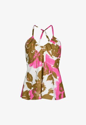 Top halter floreale bianco, con motivi di rose rosa e marroni. Spalline incrociate con corpino arricciato e dettaglio a fondo svasato.