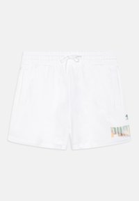 Pantalones cortos blancos con cinturilla elástica y cordón de ajuste, con bolsillos laterales. La pierna izquierda presenta un diseño de logotipo "PUMA" multicolor.