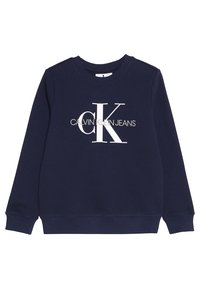 Námořnická crewneck mikina vyrobená z měkké bavlněné směsi, se velkým bílým logem "CK" a textem "CALVIN KLEIN JEANS" přes přední stranu.