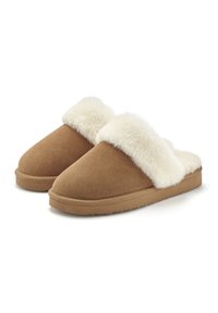 Brown suede slippers with a soft white fur cuff and cushioned sole. Rounded toe design, featuring a flat, textured bottom for grip.