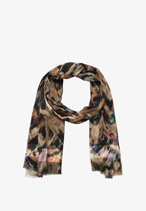 Pañuelo ligero con estampado que presenta una mezcla de tonos tierra y diseños abstractos. Los bordes están ligeramente desgastados, lo que proporciona un acabado texturizado.