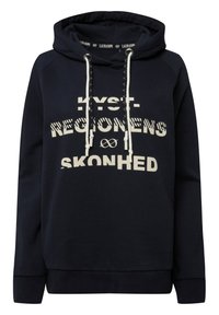 Sudadera con capucha azul marino hecha de una mezcla de algodón. Presenta un diseño de texto en blanco y cordones en contraste. Incluye puños y dobladillo acanalados.