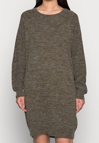 Abito in maglia verde oliva con scollatura rotonda, maniche lunghe e vestibilità rilassata. Caratterizzato da un tessuto morbido e testurizzato, leggermente più lungo sul retro.