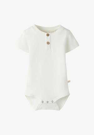 Body bianco per neonati a maniche corte con scollo rotondo, due bottoni marroni sul petto e tre chiusure a pressione sul fondo.