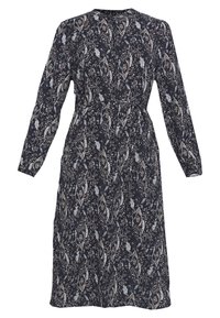 Granatowa sukienka z długim rękawem w wzór paisley w kolorach białym i beżowym. Posiada okrągły dekolt oraz pasek do związania w talii. Wykonana z bawełny.