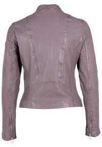 Kožená bunda v jemné lila barvě s přiléhavým střihem, zipovými manžetami, viditelným šitím a minimalistickým designem límce.