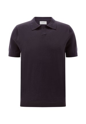 Dark purple short-sleeve polo shirt with ribbed cuffs, open collar, and a small V-shaped notch under the collar.