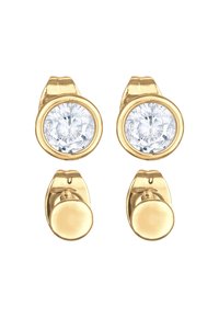 Gold-tone earrings featuring two designs: one with a round clear crystal centered, and the other a smooth circular stud.