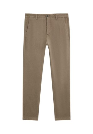 Schmale beige Chinos für Herren mit Seitentaschen, Gürtelschlaufen und Knopfverschluss, flach auf weißem Hintergrund präsentiert.