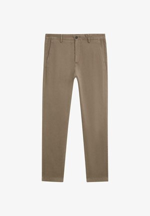 Herre slim-fit beige chinos med sidelommer, bæltestropper og knaplukning, vist fladt på en hvid baggrund.