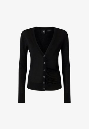 Cardigan nero con scollo a V, maniche lunghe, trama a coste e chiusura con bottoni. Presenta una silhouette aderente e un tessuto liscio.