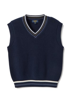 Chaleco de punto sin mangas azul marino con cuello en V y ribete a rayas en blanco, azul marino y verde oliva en el cuello y el dobladillo.