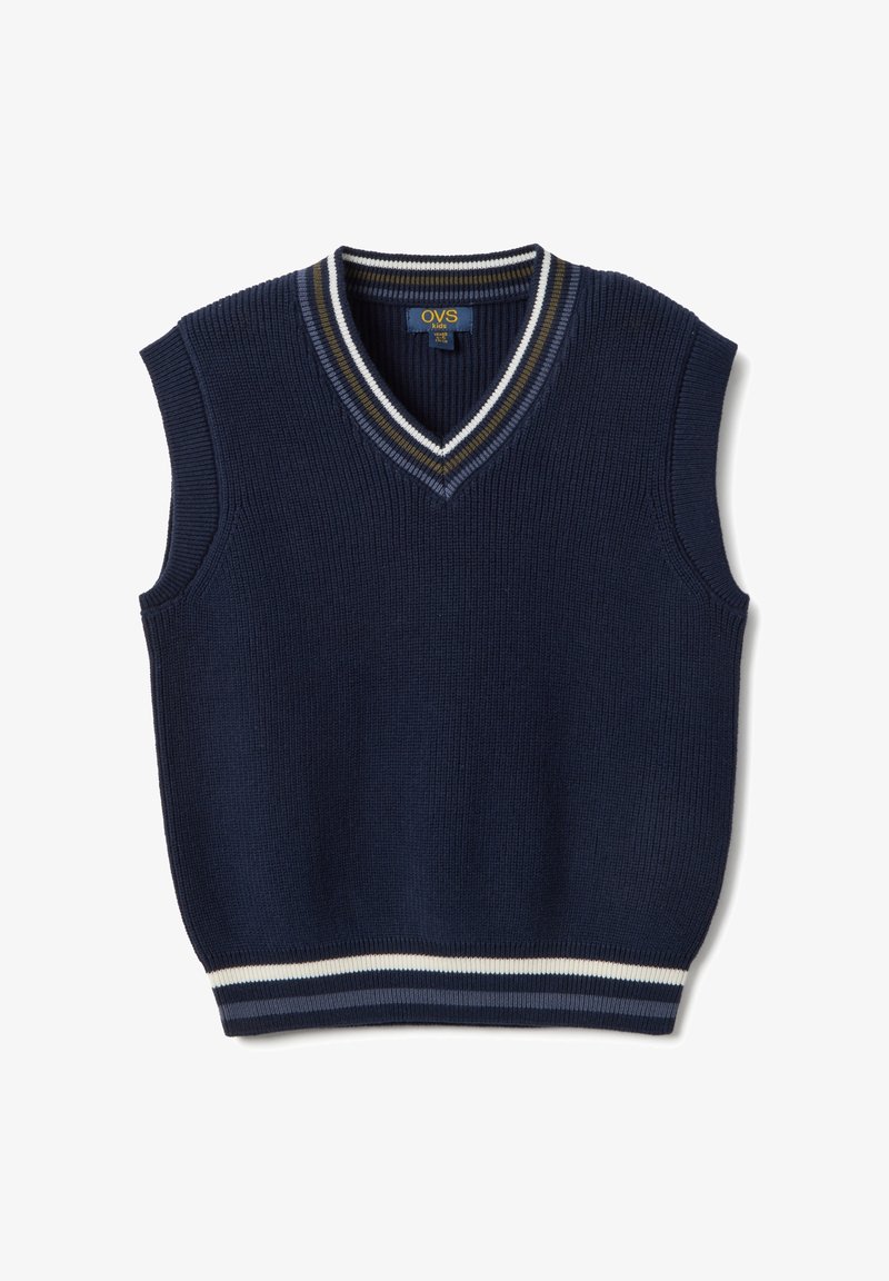 Marineblauw gebreid mouwloos sweatervest met V-hals en gestreepte bies in wit, marineblauw en olijfgroen op de kraag en zoom.