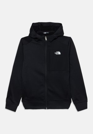 Veste noire zippée à capuche avec manches longues et une poche poitrine avec le logo The North Face en blanc.