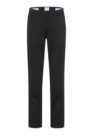 Zwarte broek van gladde stof met een rechte pasvorm. Voorzien van een knoopsluiting en riemlussen, ontworpen voor een getailleerde fit.