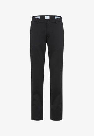 Zwarte broek van gladde stof met een rechte pasvorm. Voorzien van een knoopsluiting en riemlussen, ontworpen voor een getailleerde fit.