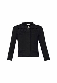 Mustat denimitakki, jossa on lyhyt muotoilu, rispaantunut kaulus, etutaskut ja koristeelliset niittiedustukset hartioilla ja hihoissa.