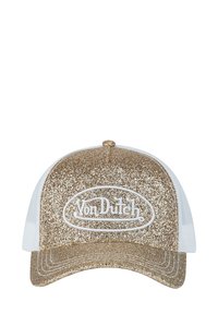 Gold glitter front panel cap with white mesh back and "Von Dutch" logo embroidered in white on the front.