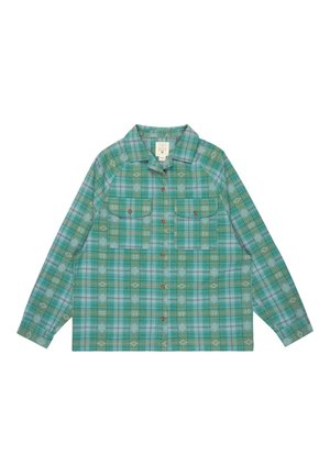 Grünes Karomusterhemd mit zwei Brusttaschen, Knopfverschluss und Kragen. Verfügt über ein Rautenmuster und kontrastierende rote Knöpfe.