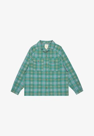 Zielona koszula w kratę z dwoma kieszeniami na piersi, zapięciem na guziki i kołnierzykiem. Posiada wzór w romby oraz kontrastujące czerwone guziki.