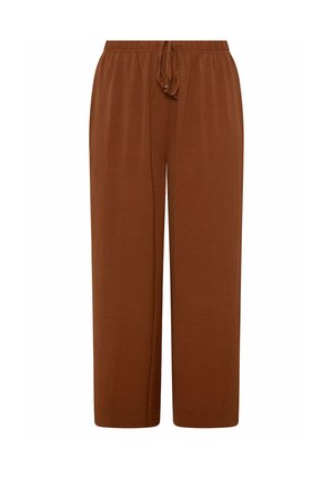 Bruine broek met wijde pijpen, elastische tailleband en trekkoord, gemaakt van gestructureerde stof.