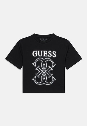 Mustast puuvillasest lühikeste varrukatega T-särk, mille keskel on valge helkurlogo ja ümar kaelus.