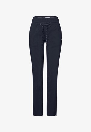 Pantalons bleu marine avec taille élastique et cordon de serrage. Dotés de deux poches latérales et d'un design de jambe droite. Fabriqués en tissu léger.