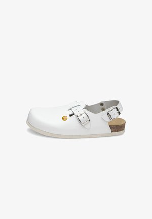 White leather clogs with a rounded toe, two silver buckles, and a textured surface. Features a cork outsole and a low heel.
