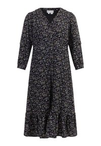 Rochie cu imprimeu floral pe un fond negru, având flori de culoare mov, alb și maro, decolteu în formă de V, mâneci trei sferturi și tiv volă.