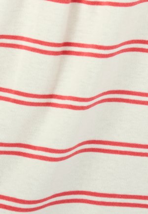 Tela blanca con rayas rojas horizontales. La textura parece suave y ligeramente elástica, con un espaciado uniforme entre las rayas.