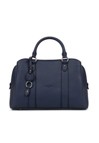 Borsa a mano blu navy in pelle martellata, con due manici superiori, finiture in argento e dettagli decorativi con logo.