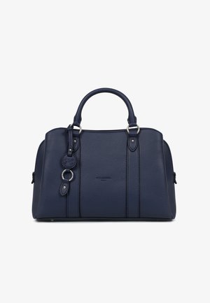 Navy blue handbag made of textured leather, featuring two top handles, silver hardware, and decorative accents with logo detail.