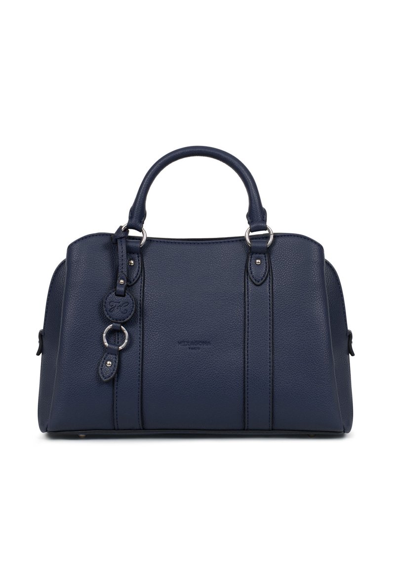 Borsa a mano blu navy in pelle martellata, con due manici superiori, finiture in argento e dettagli decorativi con logo.