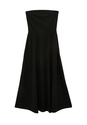Robe midi noire sans bretelles avec corsage ajusté et jupe évasée en forme de A, fabriquée à partir d'un tissu lisse.