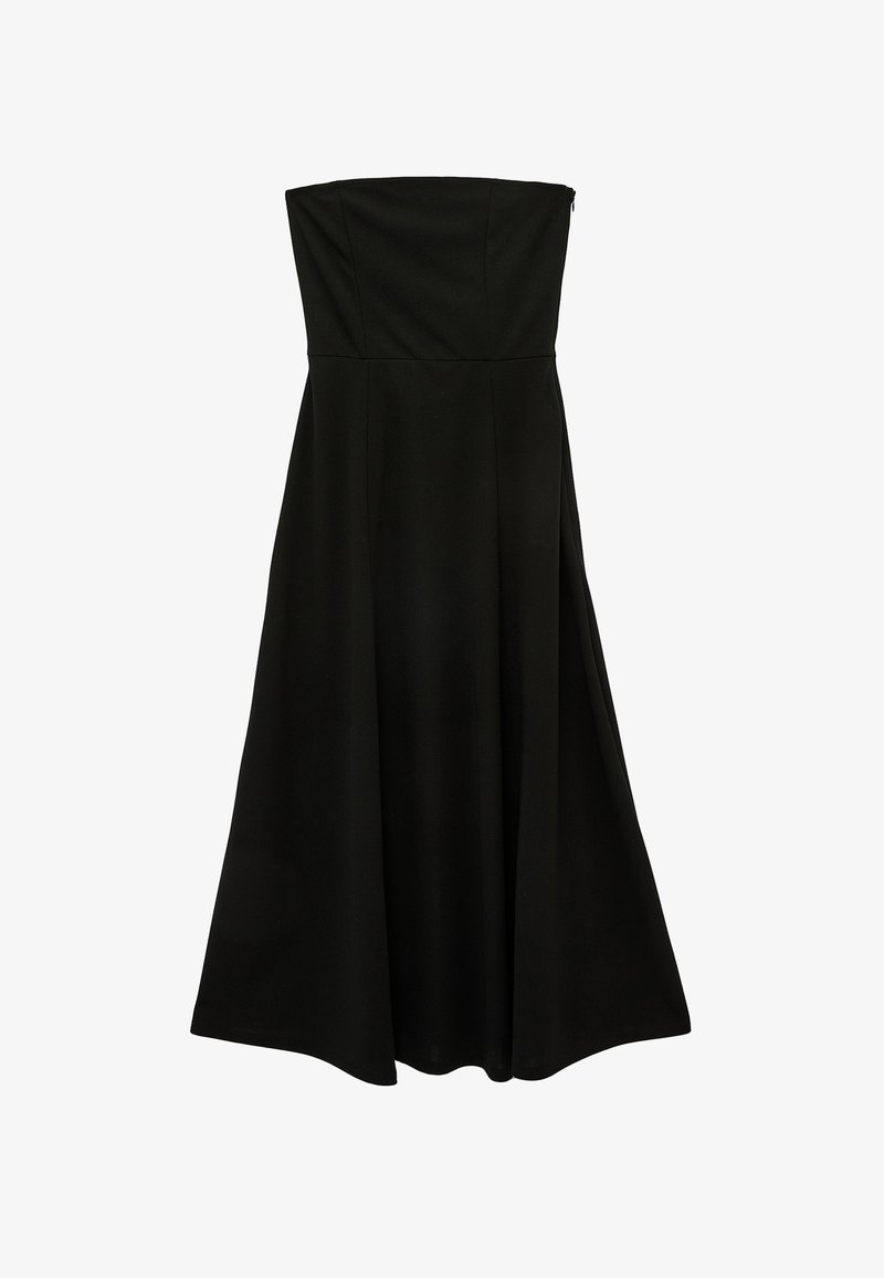 Schwarzes trägerloses Midi-Kleid mit engem Oberteil und ausgestelltem A-Linien-Rock, gefertigt aus glattem Stoff.