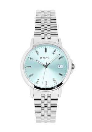 Orologio in acciaio inossidabile argentato con un quadrante a gradiente blu chiaro, indicatori delle ore argentati, finestra per la data e un bracciale in metallo a maglie.