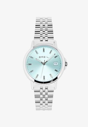 Montre en acier inoxydable argenté avec un cadran dégradé bleu clair, index argentés, fenêtre de date et un bracelet en métal à maillons.